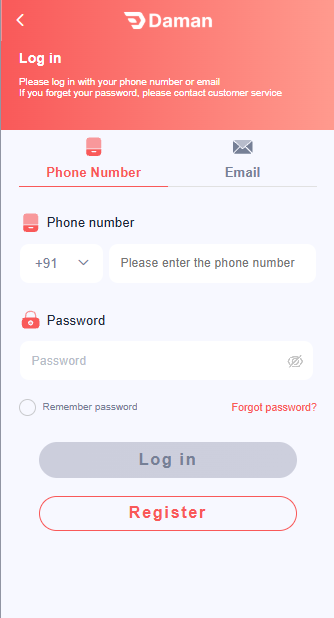 Log in screen with Phone Number and Email tabs, a phone field, a password field, remember password, and forgot password.